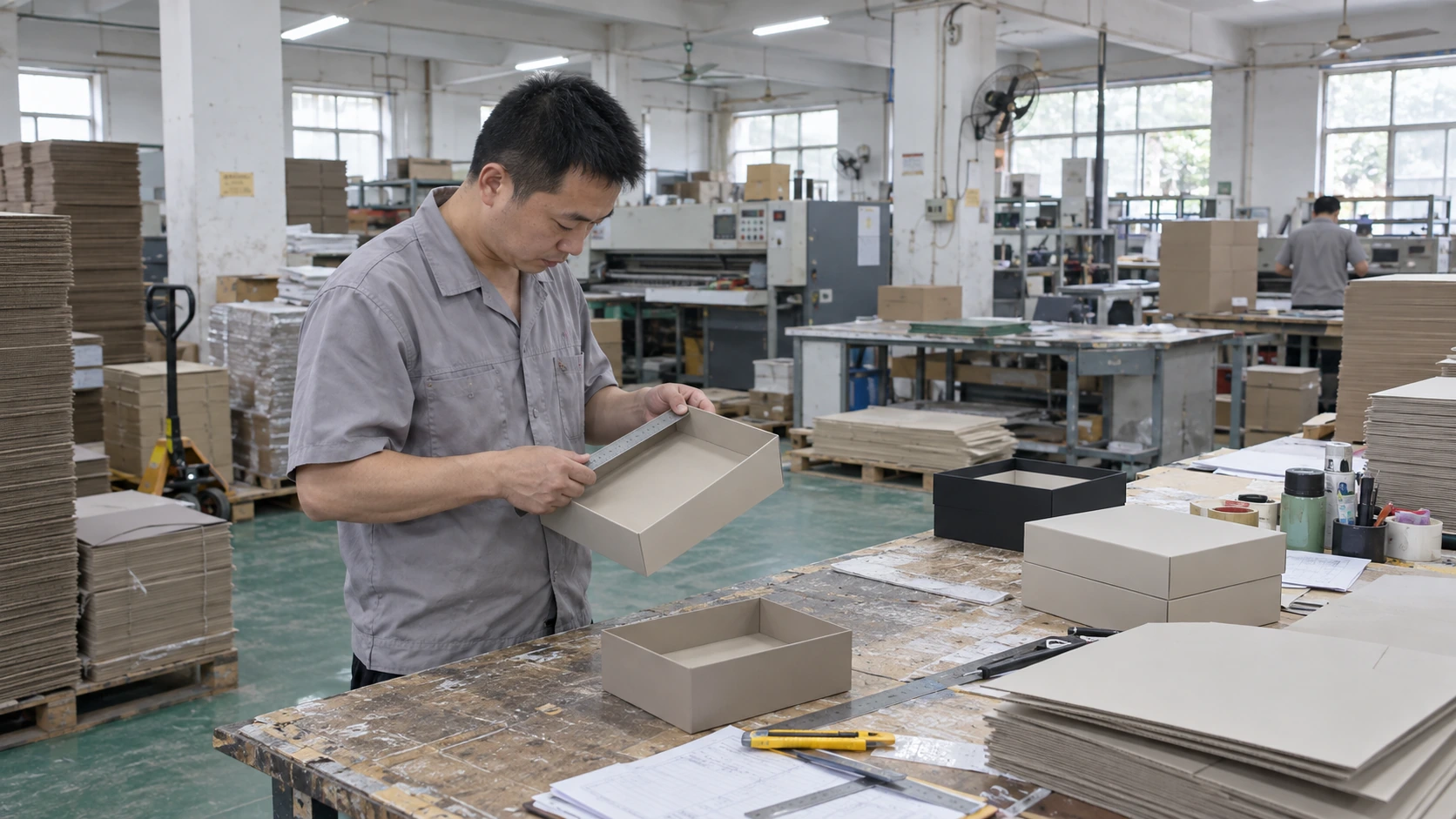 Generated illustration of a worker checking a packaging sample