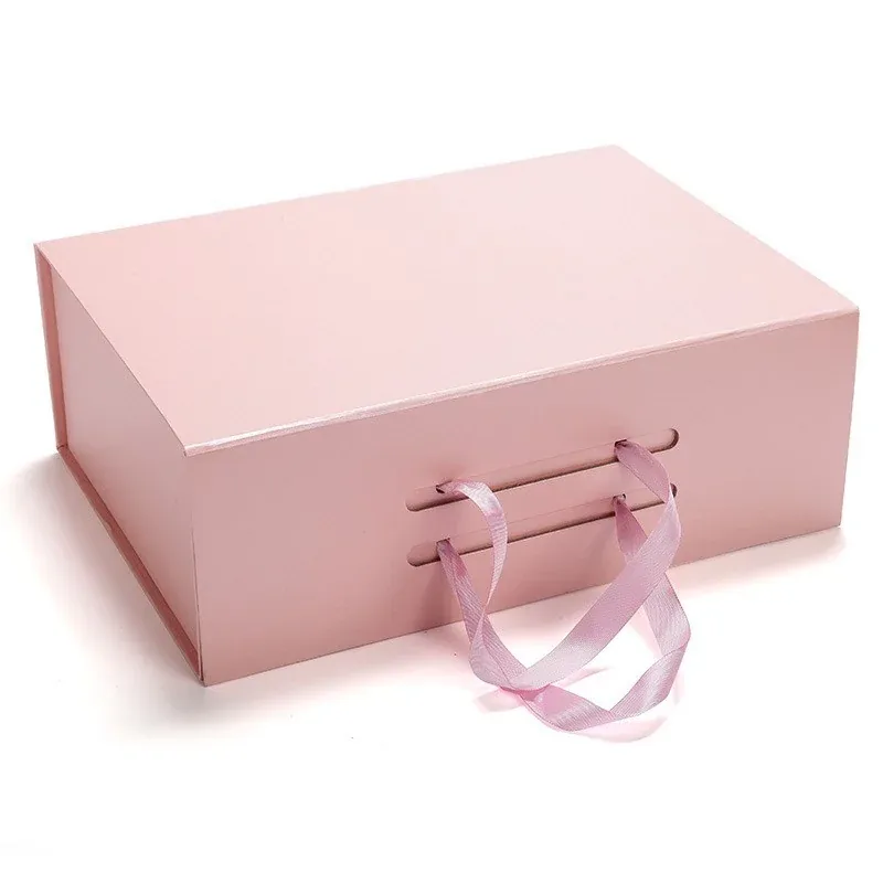 Custom Pink Gift Box with Ribbon Carry Handles