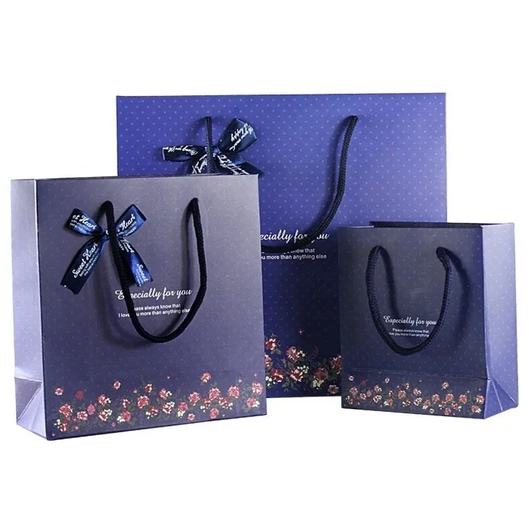 Custom Navy Floral Paper Gift Bags with Ribbon Bows