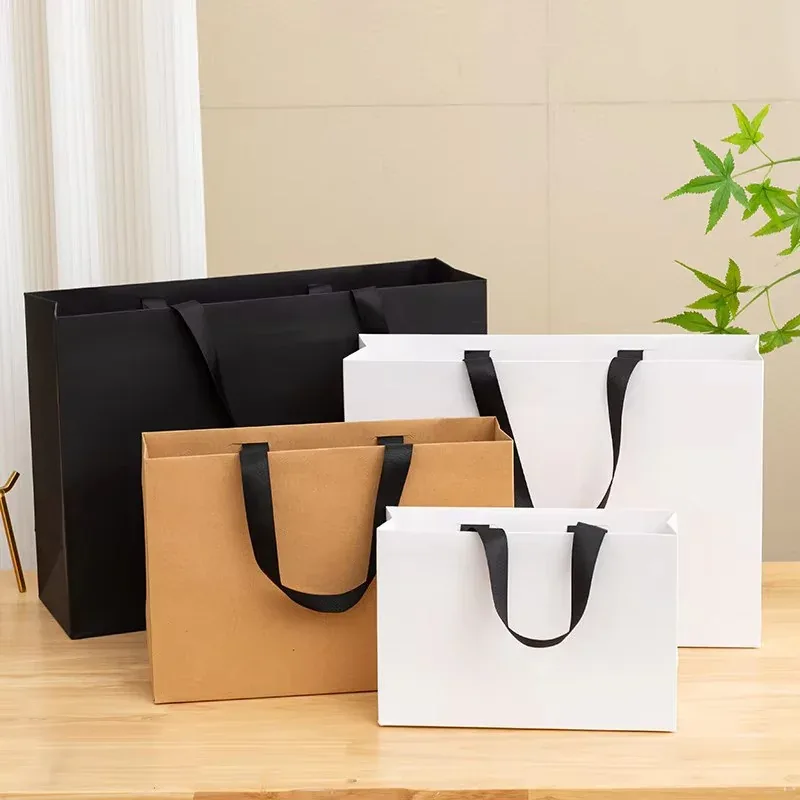 Custom Kraft and White Shopping Bags with Ribbon Handles