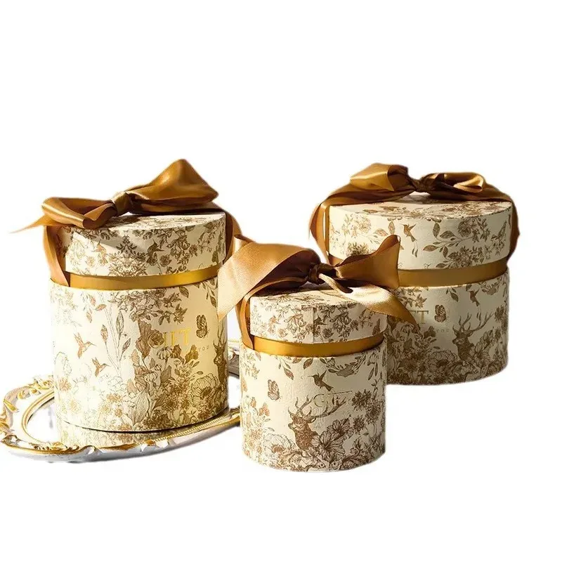 Custom Floral Round Gift Boxes with Ribbon Bows