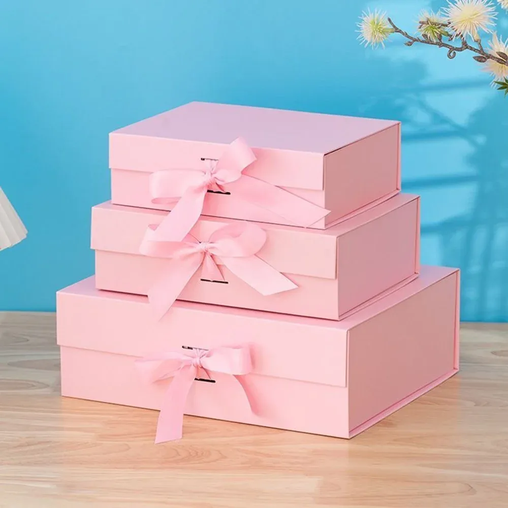 Custom Pink Ribbon Gift Boxes in Graduated Sizes