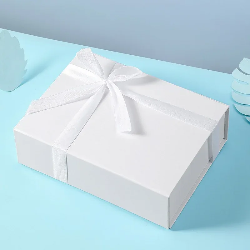 Custom White Ribbon-Tie Magnetic Gift Box