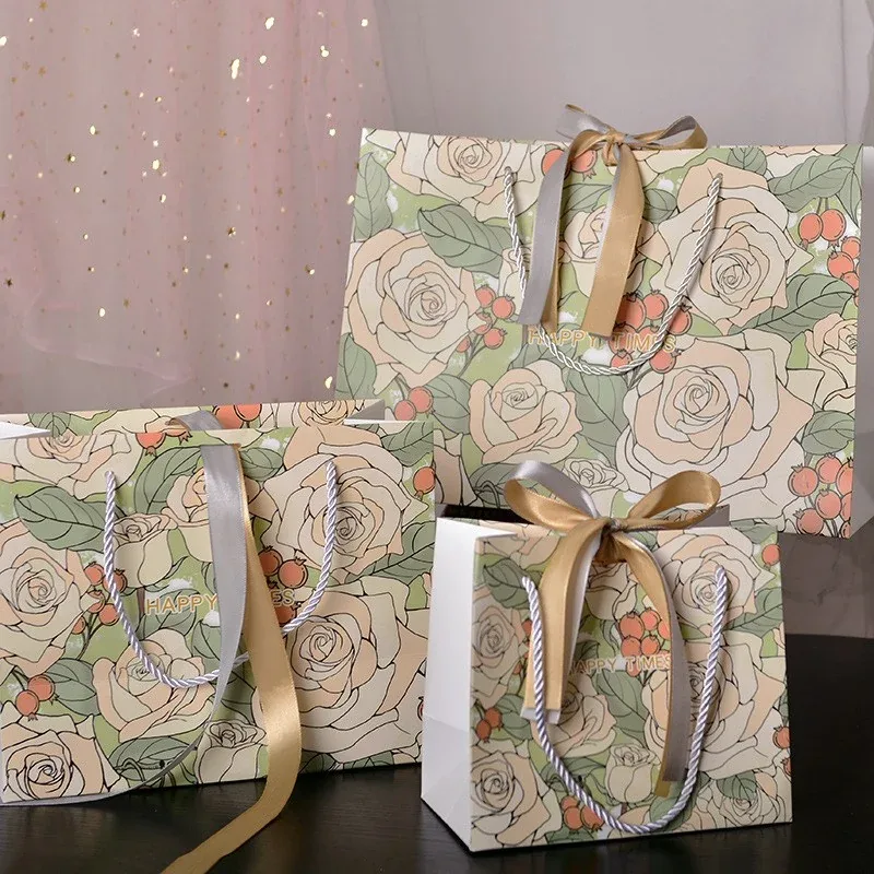 Custom Floral Paper Gift Bag with Ribbon Handles