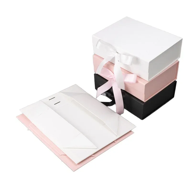 Custom Pink Folding Gift Box with Ribbon Handles