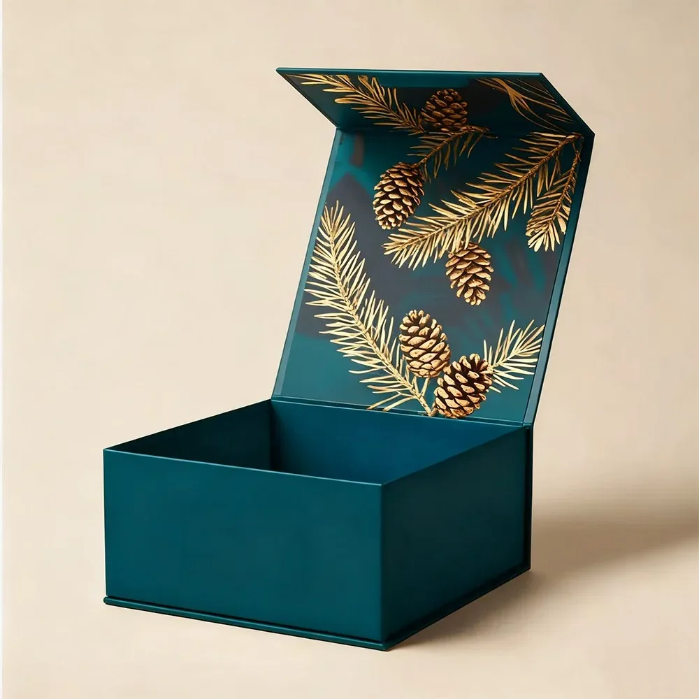 Custom Teal Gift Box with Botanical Lid Print