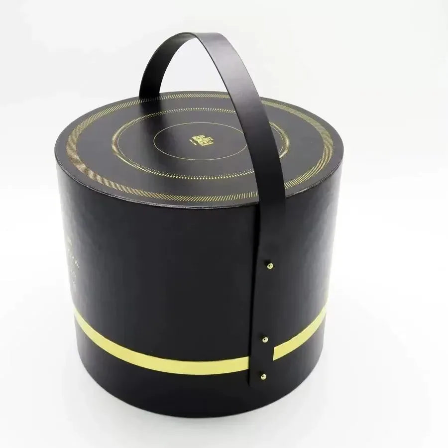 Custom Black Round Gift Box with Carry Handle