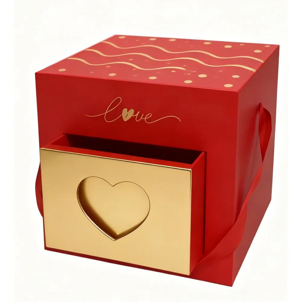 Custom Red Gift Box with Heart-Detail Front Drawer