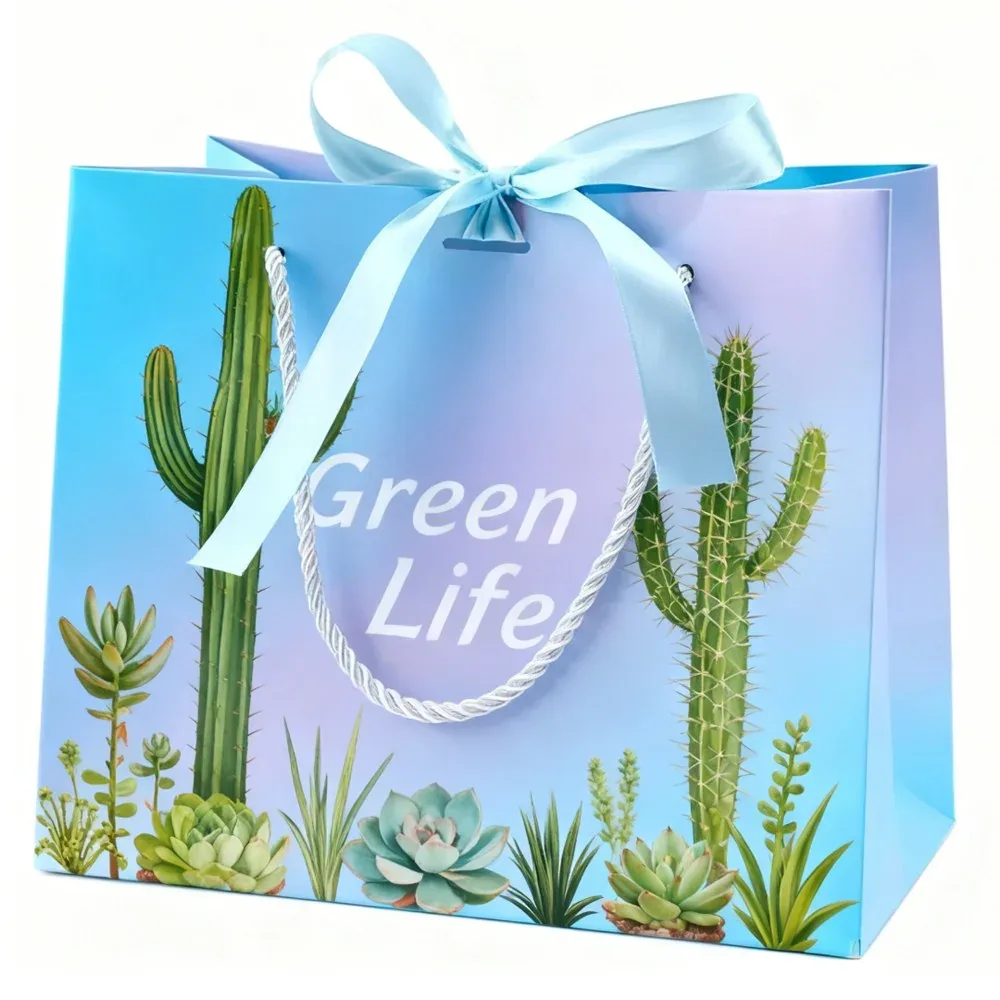 Custom Blue Cactus Print Gift Bag with Ribbon Bow