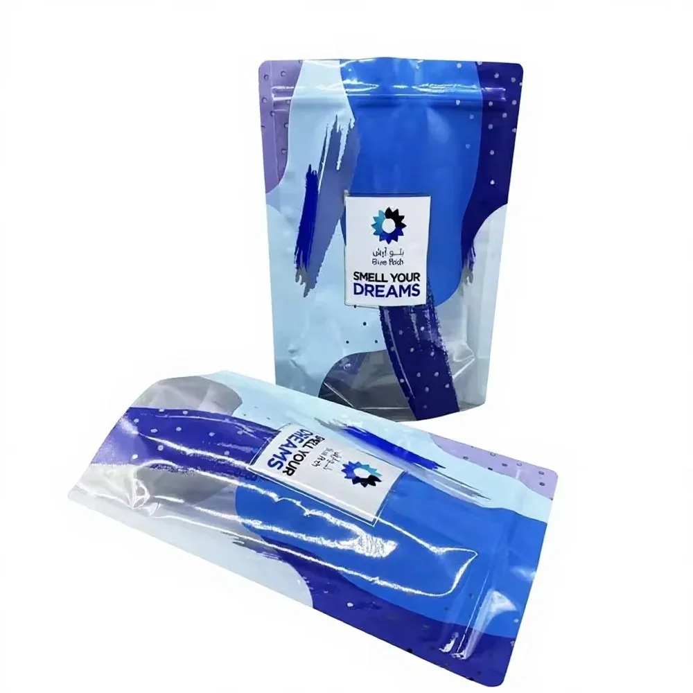 Custom Blue Printed Stand-Up Packaging Pouch