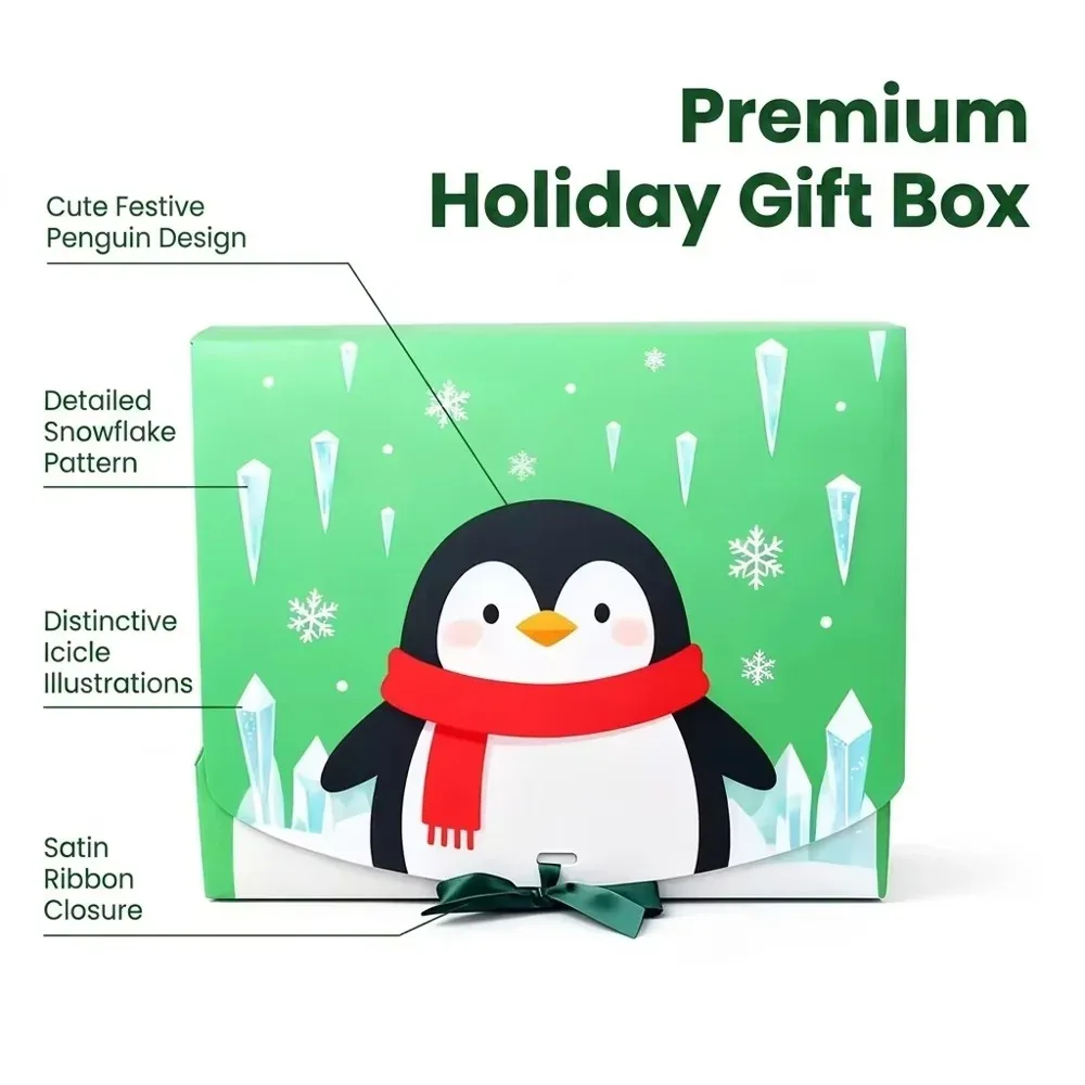Custom Penguin Christmas Gift Box with Ribbon Closure