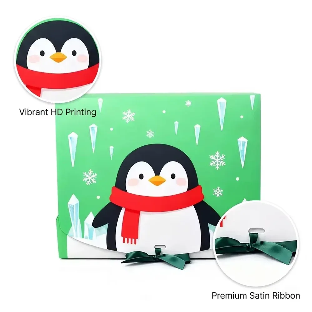 Custom Penguin Christmas Gift Box with Ribbon Closure view 2