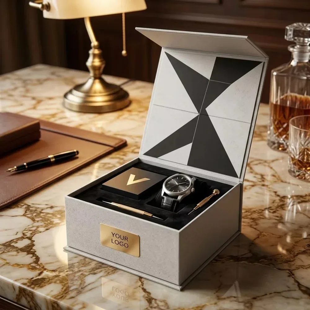 Custom Hinged Gift Box with Geometric Lid Lining