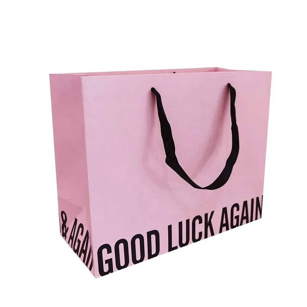 Custom Pink Paper Gift Bag with Black Ribbon Handles