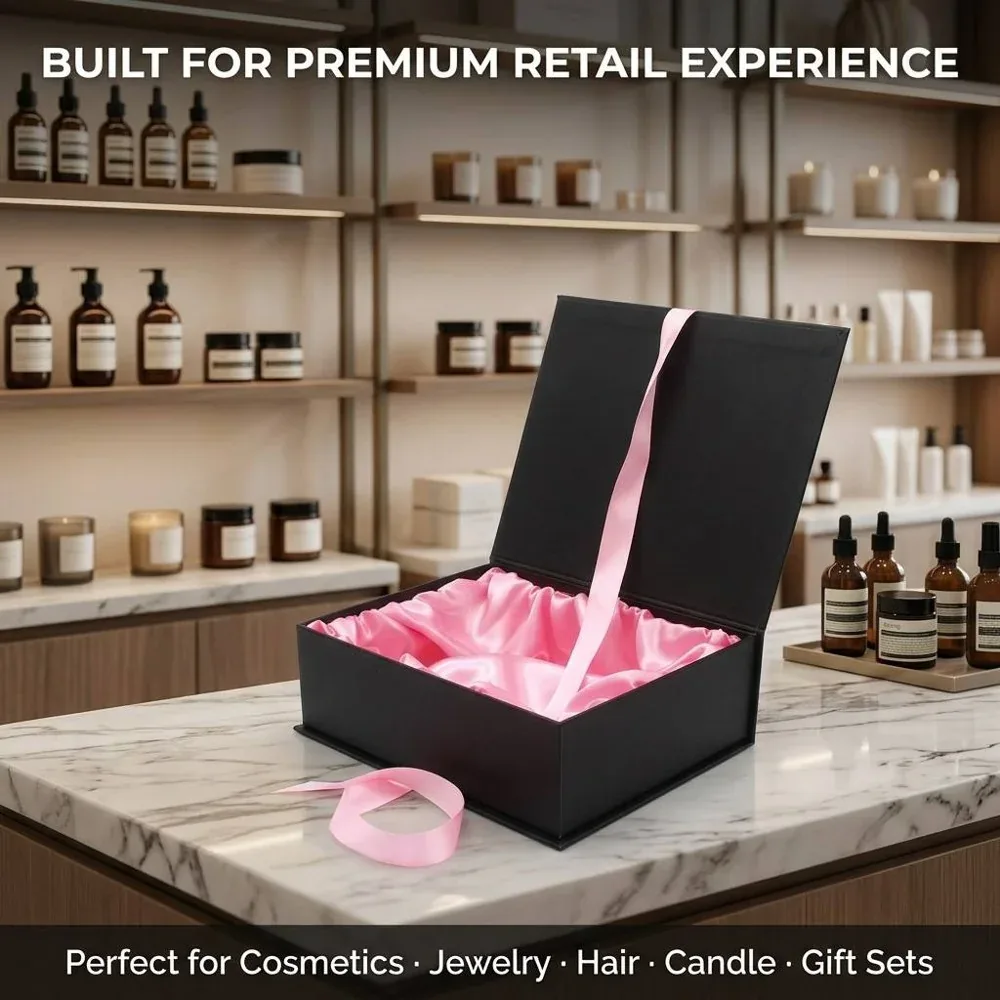 Custom Black Gift Box with Pink Fabric-Style Lining