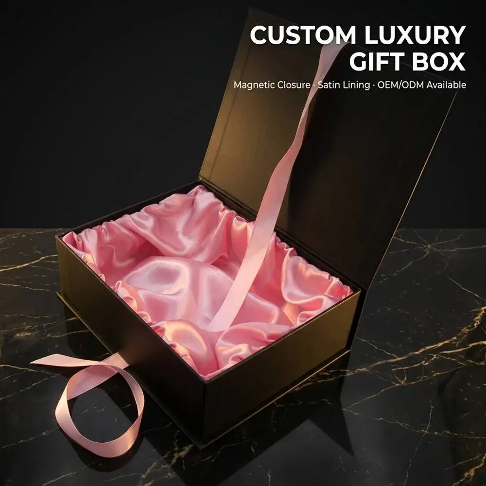 Custom Black Gift Box with Pink Fabric-Style Lining view 2